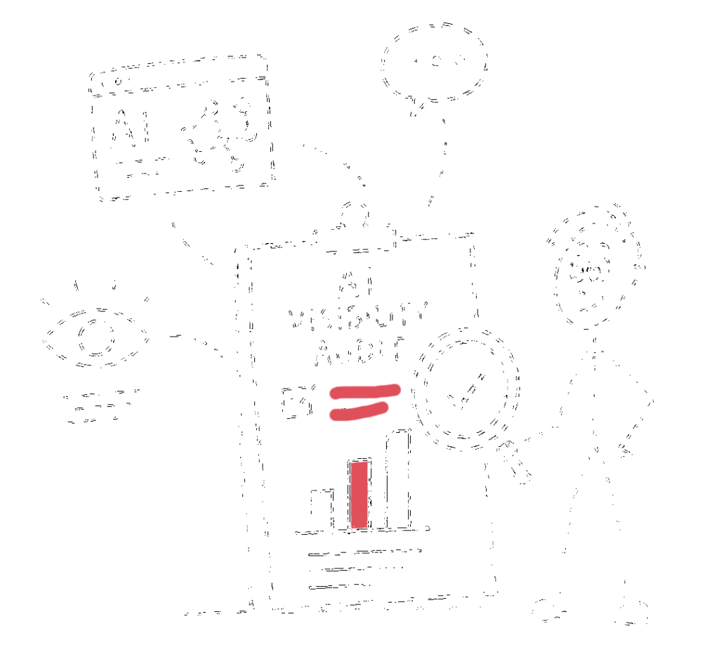 Illustration zu AI Visibility Audit: Checkliste in der Mitte, drumherum Person mit Lupe, PC Fenster mit AI-Suche, Sprechblase, Auge für Visibility