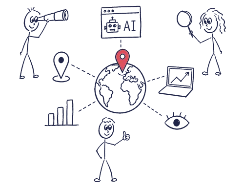 GEO Marketing - Handgezeichnete Illustration eines Globus mit Standortmarkierung in der Mitte. Darum herum sind über gestrichelte Linien Symbole für KI, Analyse, Sichtbarkeit, Suche und Geodaten angeordnet sowie drei Strichfiguren, die den Globus betrachten oder analysieren.