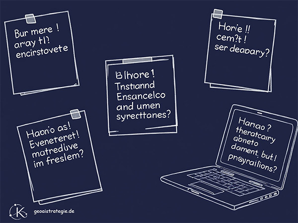 Illustration: mehrere Zettel mit Fragen. In der Ecke unten Links ein Laptop mit einer Frage