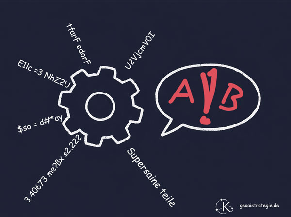 Illustration: Zahnrad mit kryptischen Begriffen daran, daneben Sprechblase mit A!B