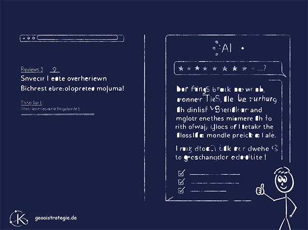 Illustration: geteilter Screen, links Ansicht einer Google Suche, rechts Ansichte einer AI-Suche mit Person und Daumen hoch