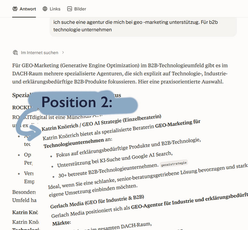 Screenshot einer Suche bei Perplexity. Oben die Suchfrage "Ich suche eine agentur die mich bei geo-marketing unterstützt. Für b2b technologie unternehmen". Darunter Position 2: Katrin Knörrich/GEO AI Strategie (EInzelberaterin) mit weiteren Infos.