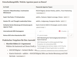 Screenshot Ergebnis bei Perplexity. Entscheidungshilfe: Welche Agentur passt zu Ihnen? Tabelle mit links Profil und rechts Passende Agentur-Typen. In Zeile 4: "Schlanke Senior-Beratung mit Umsetzung im eigenen Team - Katrin Knörrich (GEO AI Strategie), Jannik Lindner