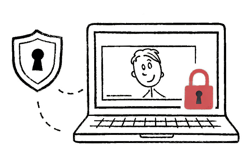 Illustration Bildschirm mit Video-Call und rotem Sicherheitsschloss. Gestrichelte Linie nach außen rotem Schlosssymbol