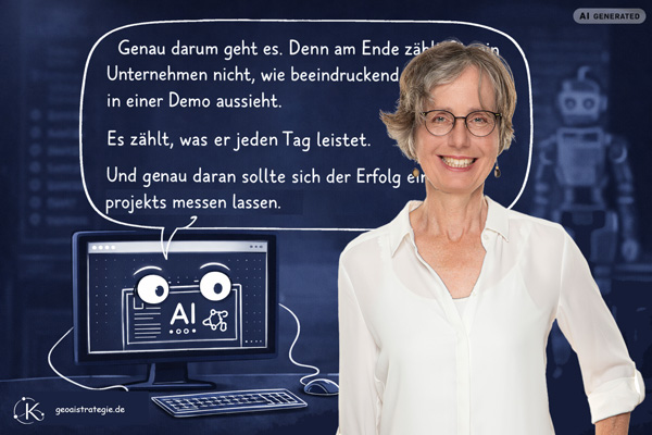 Foto von Katrin Knörrich in weißer Bluse, lacht in die Kamera. Dahinter Illustration Monitor mit AI-Gesicht und Sprechblase mit Text.