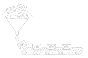Illustration mit Trichter, in den drei Briefumschläge fallen. Unten kommen einzelne Umschläger heraus und fallen auf ein Fließband.