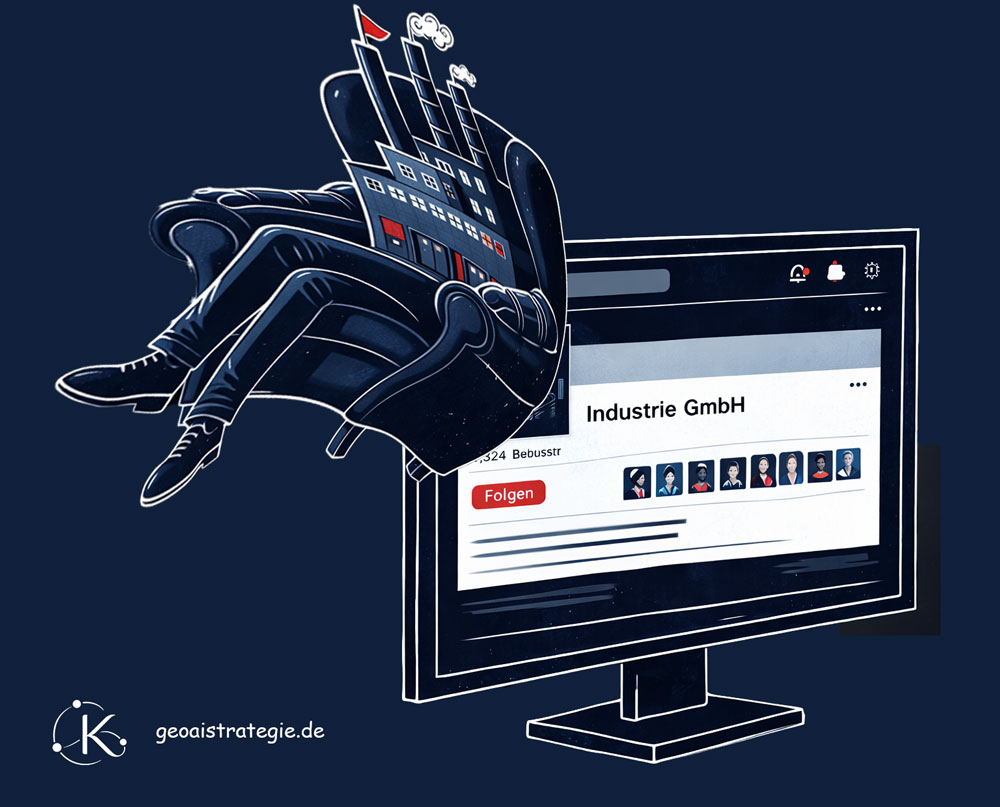 Illustration Monitor mit LinkedIn Unternehmensseite. Ein Sessel, in dem ein Industriegebäude mit Beinen und Armen sitzt, wird in den Monitor gesogen.