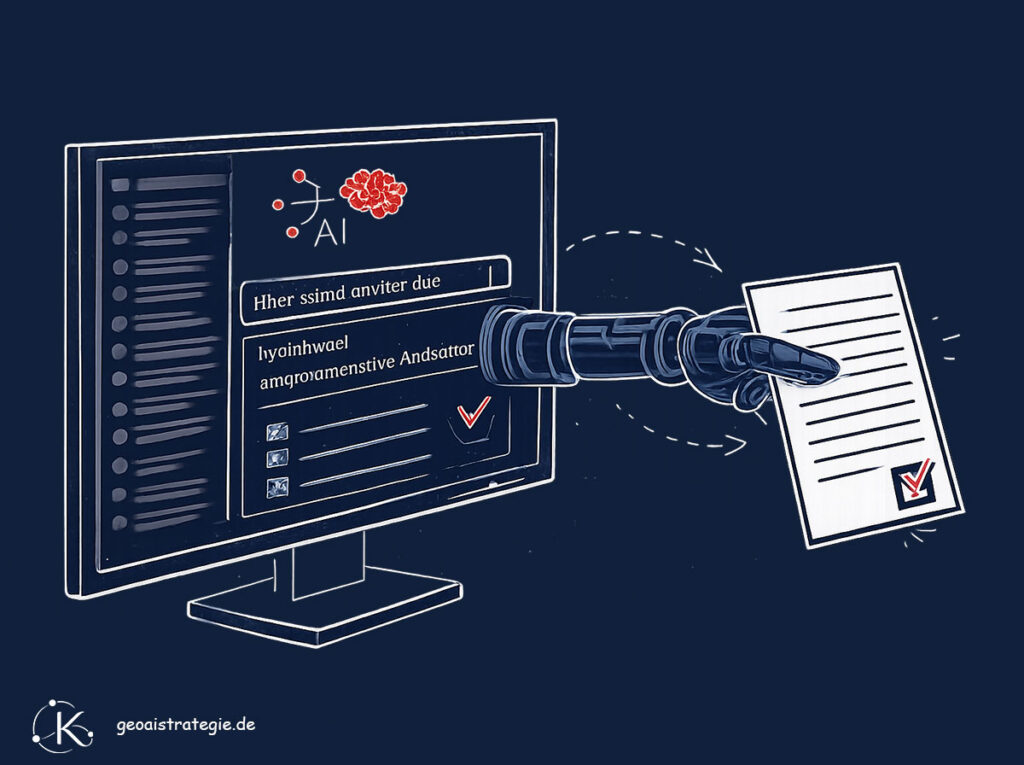 Illustration: Monitor mit AI Search Fenster, aus dem ein Roboterarm ragt, der ein Textdokument hält.