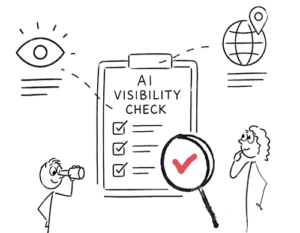 AI Visibility Check: Illustration mit Checkliste, drumherum Auge, Weltkugel, Person mit Fernglas, Frau die sich fragend ans Kinn fasst