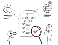 AI Visibility Check: Illustration mit Checkliste, drumherum Auge, Weltkugel, Person mit Fernglas, Frau die sich fragend ans Kinn fasst